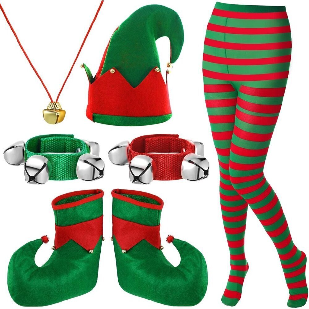 Women Elf Costume Set Includes Hat Shoes Tights Bells Ideal for Xmas Party